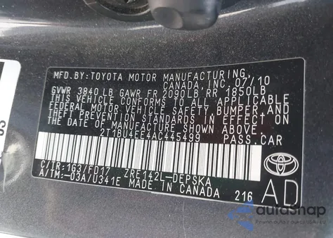 2010 Toyota Corolla S from USA, damaged, VIN 2T1BU4EE4AC445499